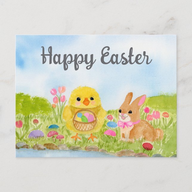Postal  Watercolor Easter Egg Chick Easter Bunny  (Anverso)