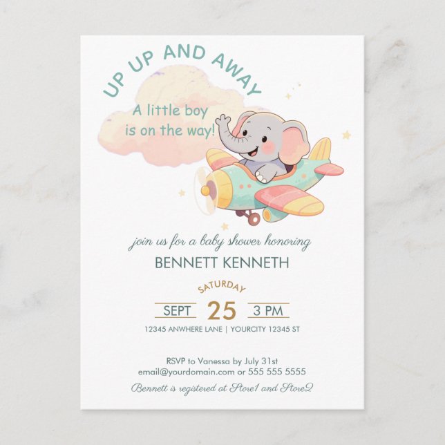 Postal Watercolor Elephant Airplane Boy Invitation (Anverso)