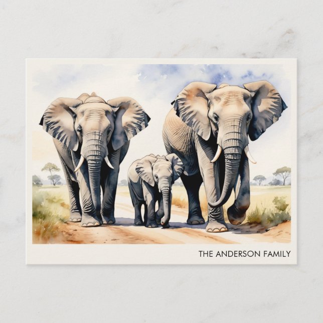 Postal Watercolor Elephant Family Personalized Name (Anverso)