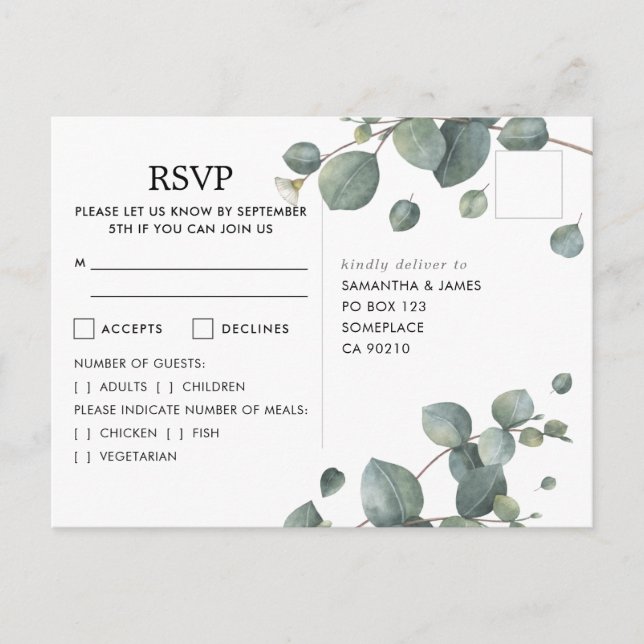 Postal Watercolor Eucalyptus Foto Boda RSVP Postcard (Anverso)