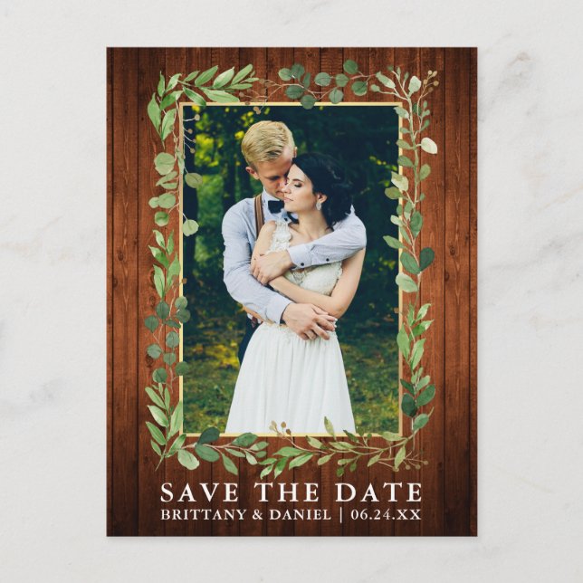 Postal Watercolor Eucalyptus Wood Gold Save The Date (Anverso)