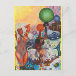 Postal Watercolor Fantasy Eros rides white Lioness Woman