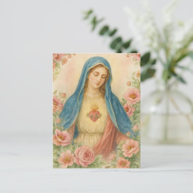 Postal Watercolor Floral Blessed Mother Mary Catholic (Anverso de pie)