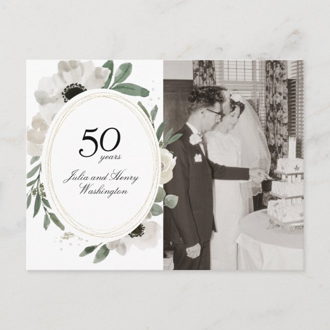 Postal Watercolor Floral Gold Foto 50 Aniversario (Anverso)