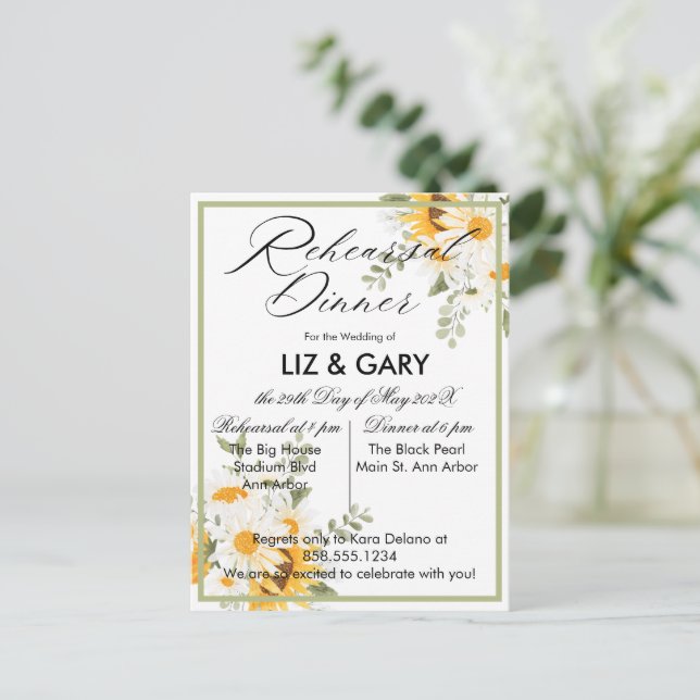 Postal Watercolor Floral Sunflower Ensayo Cena (Anverso de pie)