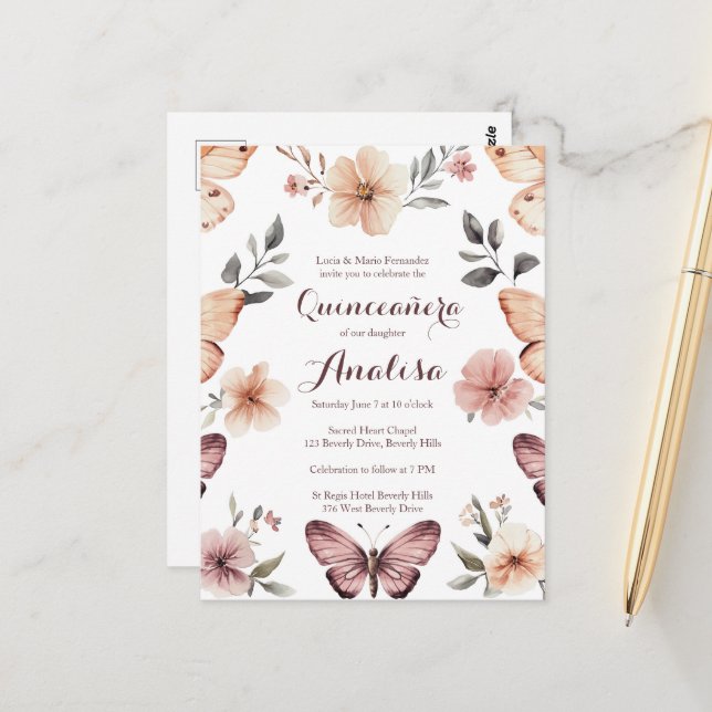 Postal Watercolor Florals Butterflies Quinceañera PERSONA (Anverso/Reverso In Situ)
