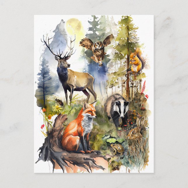 Postal Watercolor Forest Animals Deer, Fox, Badger y (Anverso)