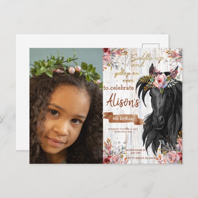 Postal Watercolor Foto Caballo de cumpleaños (Anverso / Reverso)