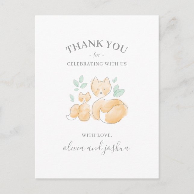 Postal Watercolor Fox Baby Shower Gracias Postcard (Anverso)