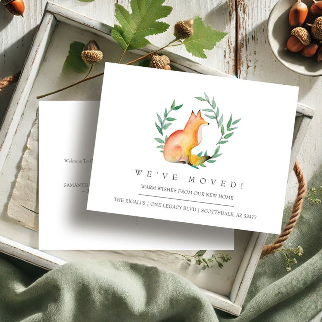 Postal Watercolor Fox New Home Moving Announcement (Moving announcements watercolor fox and greenery art by Victoria Grigaliunas of VG Invites)