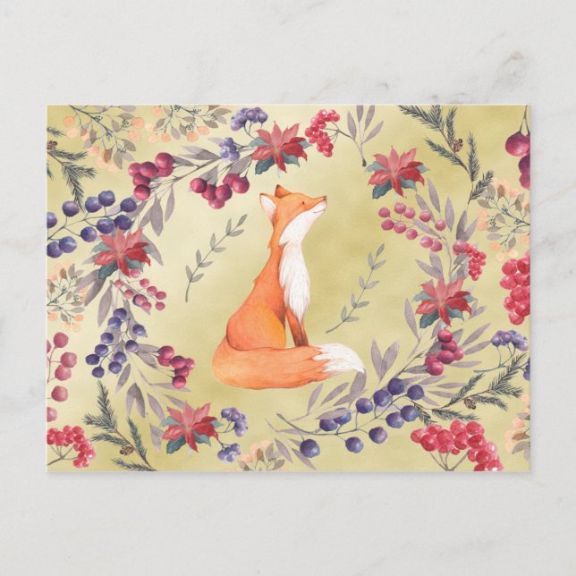 Postal Watercolor Fox Winter Berries Gold (Anverso)
