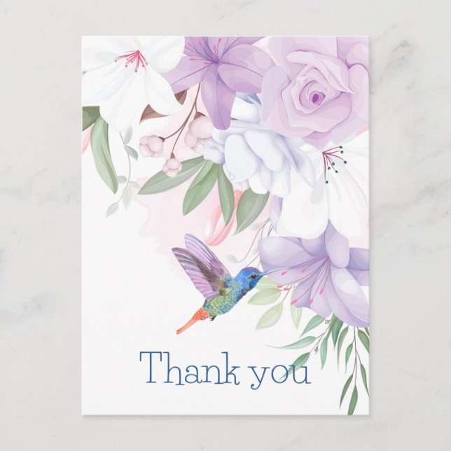 Postal Watercolor Garden Flores Hummingbird Bird Gracias (Anverso)