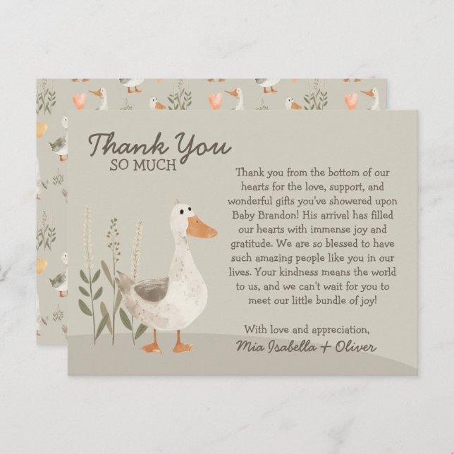 Postal Watercolor Goose - Baby Shower Gracias Card (Anverso / Reverso)