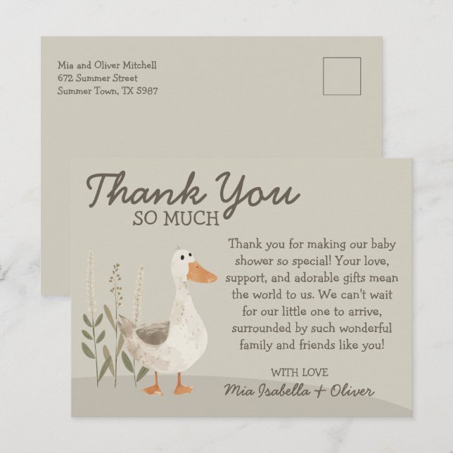 Postal Watercolor Goose Baby Shower Gracias Postcard (Anverso / Reverso)