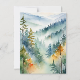 Postal Watercolor Green Pine Forest Mountain