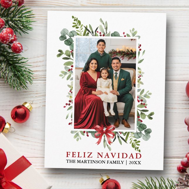 Postal Watercolor Greenery Feliz Navidad Red Bow (Customize to change text size or text style.)