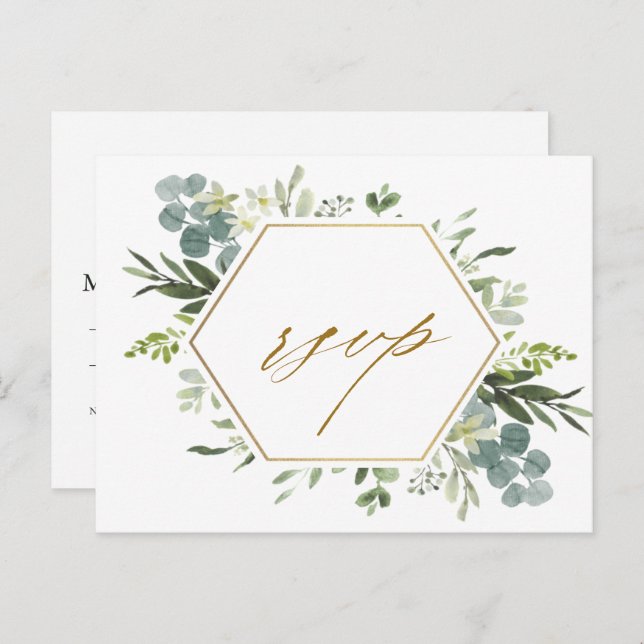 Postal Watercolor Greenery Gold Hexagon Wedding RSVP (Anverso / Reverso)
