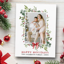 Postal Watercolor Greenery Happy Holidays Red Bow