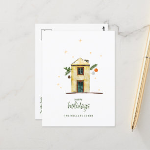 Postal Watercolor Happy Holidays House Non-photo