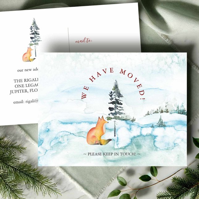 Postal Watercolor Hemos mudado Navidades Fox Postcard (Winter moving announcement watercolor fox and snowy landscape Victoria Grigaliunas Do Tell A Belle)
