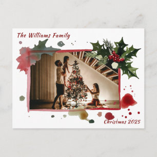 Postal Watercolor Holly Berries Christmas Tree Holiday