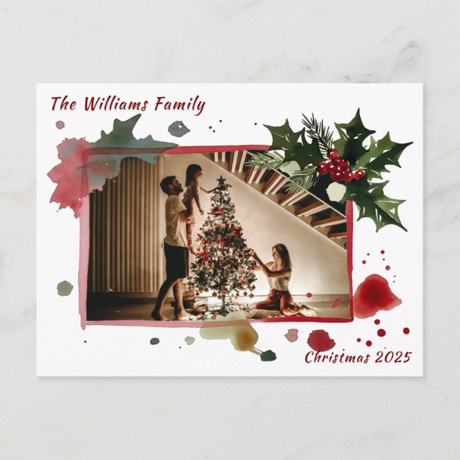 Postal Watercolor Holly Berries Christmas Tree Holiday (Anverso)