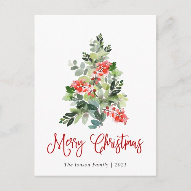 Postal Watercolor Holly Berry Christmas Tree Greding (Anverso)