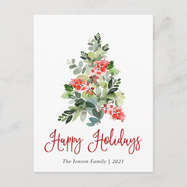 Postal Watercolor Holly Berry Christmas Tree Greding (Anverso)
