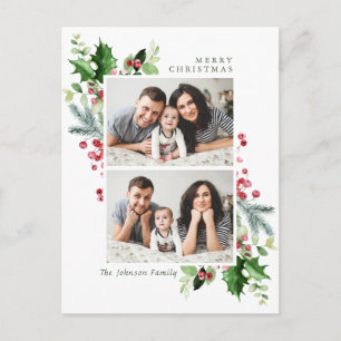 Postal Watercolor Holly Berry Navidades 2 Fotos Saludo