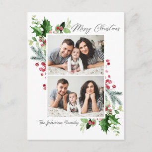 Postal Watercolor Holly Berry Navidades 2 Fotos Saludo