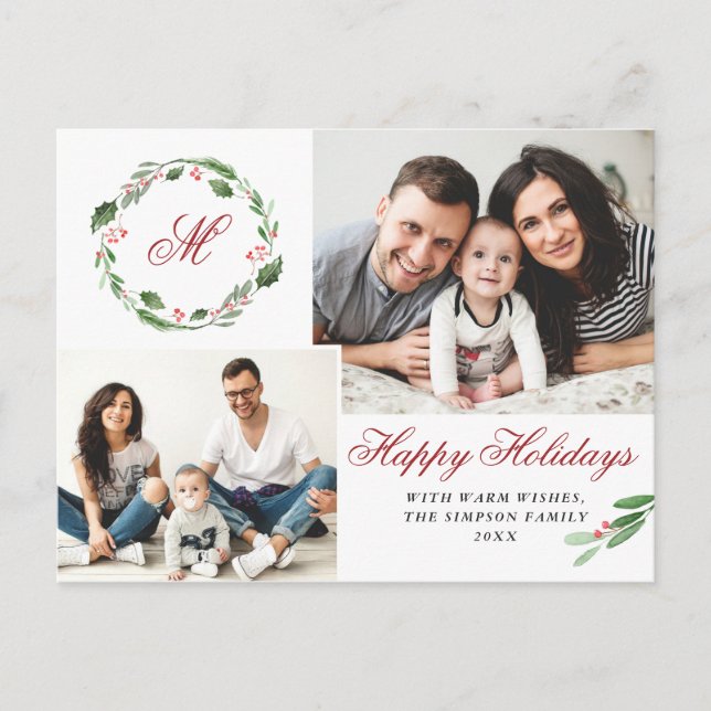 Postal Watercolor Holly Berry Navidades 3 saludo FOTO (Anverso)