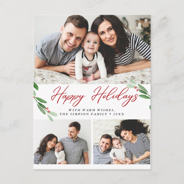 Postal Watercolor Holly Berry Navidades 3 saludo FOTO (Anverso)