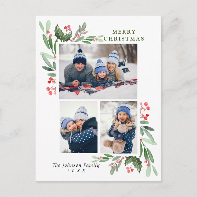 Postal Watercolor Holly Berry Navidades 3 saludo FOTO (Anverso)