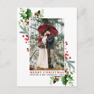 Postal Watercolor Holly Navidades Greenery Boda Red