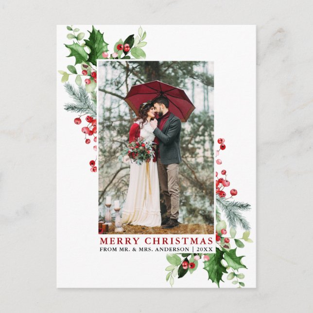Postal Watercolor Holly Navidades Greenery Boda Red (Anverso)
