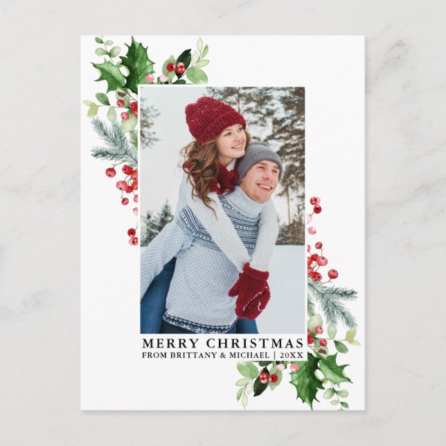 Postal Watercolor Holly Navidades Greenery Couple Photo (Anverso)