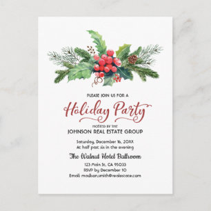 Postal Watercolor Holly Pine & Berry   Vacaciones