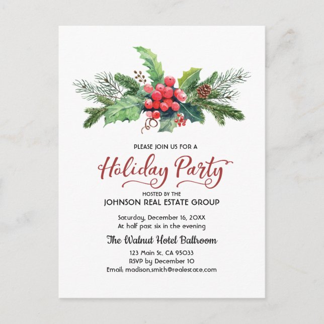 Postal Watercolor Holly Pine & Berry | Vacaciones (Anverso)