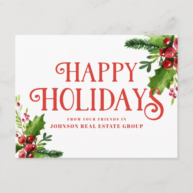 Postal Watercolor Holly | Saludos navideños (Anverso)