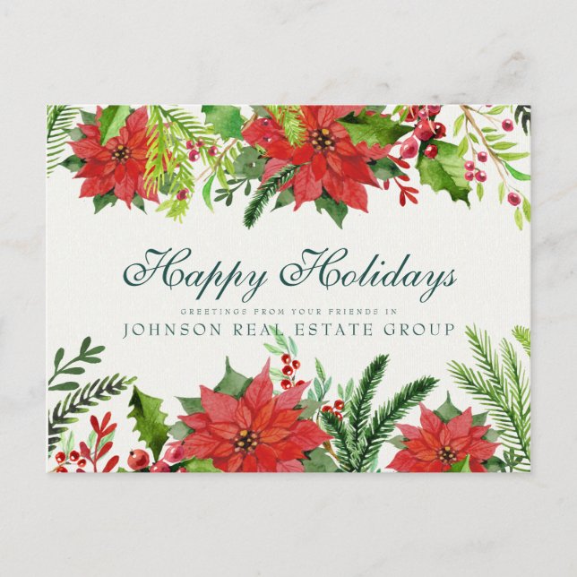Postal Watercolor Holly y Poinsettia | Saludos navideños (Anverso)