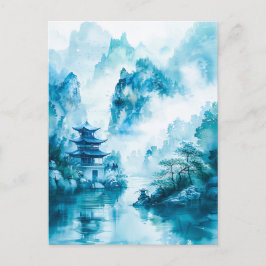 Postal Watercolor ink of Chinese landscape on a lake