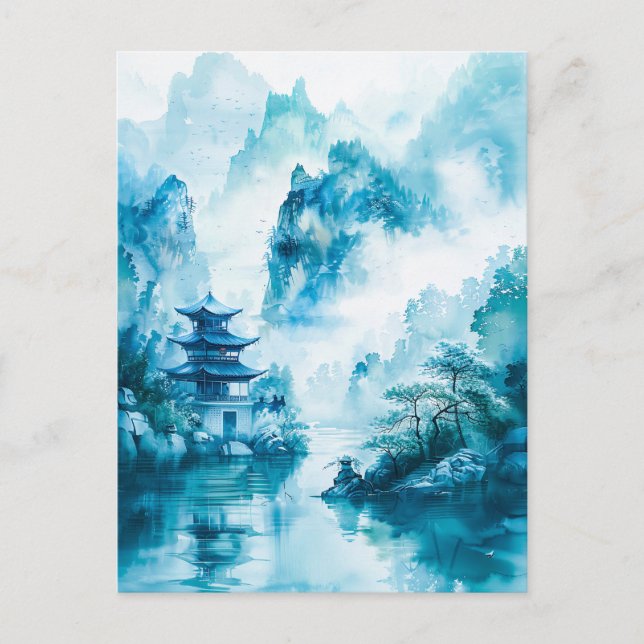 Postal Watercolor ink of Chinese landscape on a lake (Anverso)