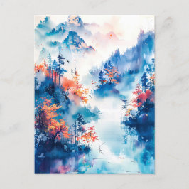 Postal Watercolor ink of Chinese landscape on a lake