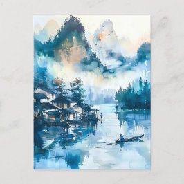 Postal Watercolor ink of Chinese landscape on a lake