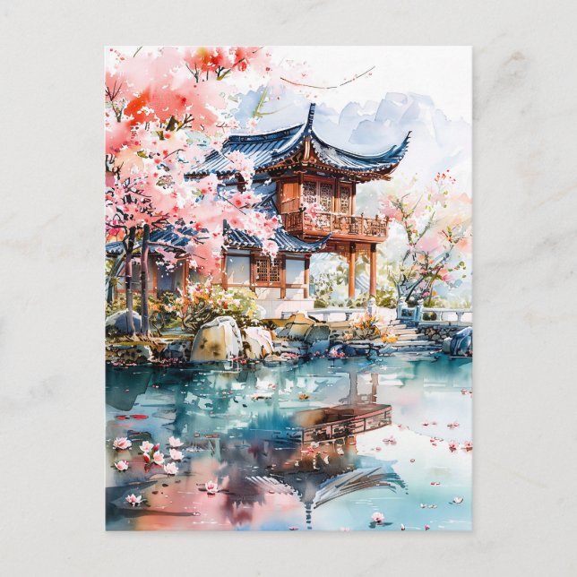 Postal Watercolor ink of chinese template on lake. (Anverso)