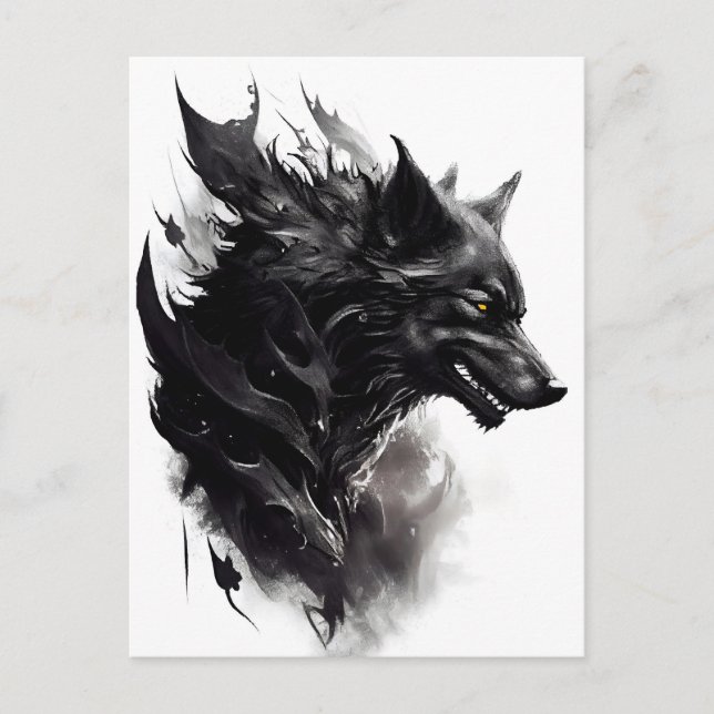 Postal Watercolor ink of norther mythology Fenris wolf (Anverso)