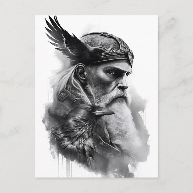 Postal Watercolor ink pencil of norther god Odin. (Anverso)