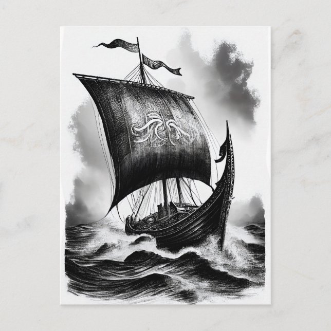Postal Watercolor ink pencil of Viking dragon ship (Anverso)