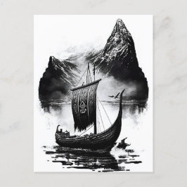 Postal Watercolor ink pencil of Viking dragon ship. Sail