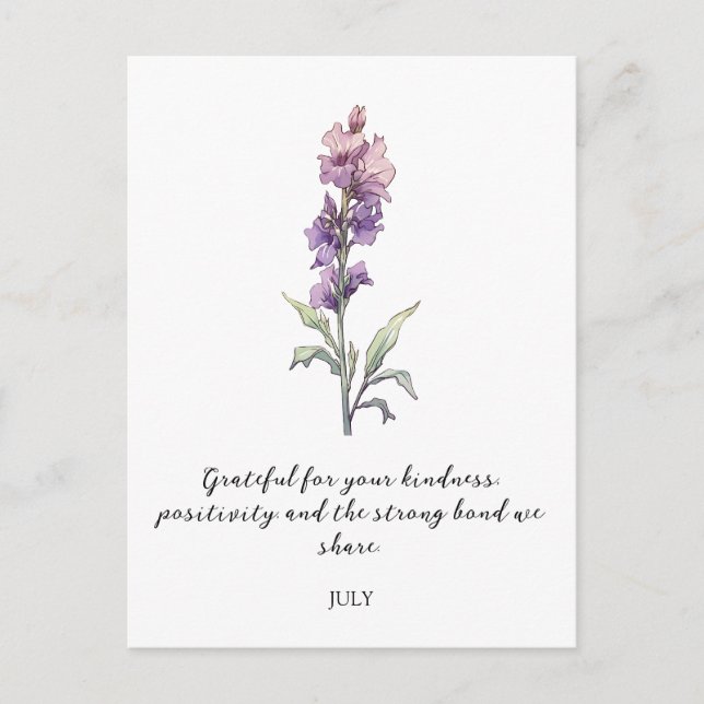 POSTAL WATERCOLOR JULY LARKSPUR BIRTH FLOWER  (Anverso)